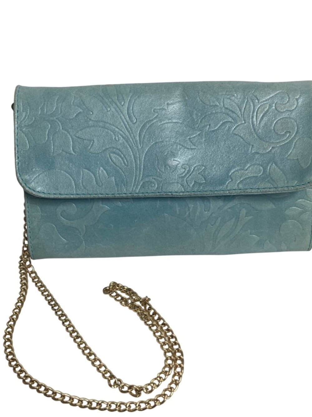 Vintage Embossed Leather Green Crossbody Bag Removable Gold Chain Strap Italy
